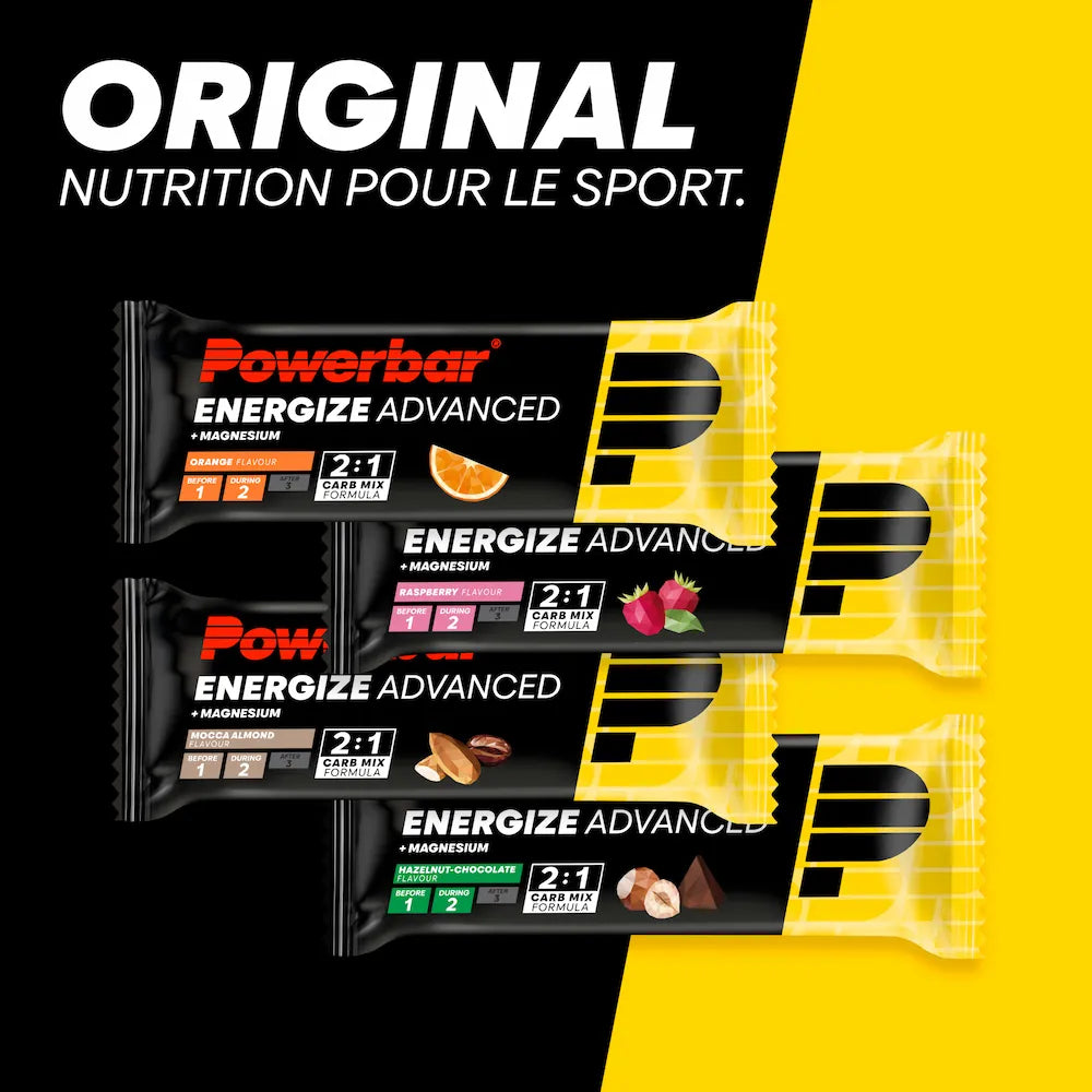 Barres énergétiques Powerbar Energize Advanced saveurs Orange, Framboise, Mocca-Amandes et Chocolat-Noisettes