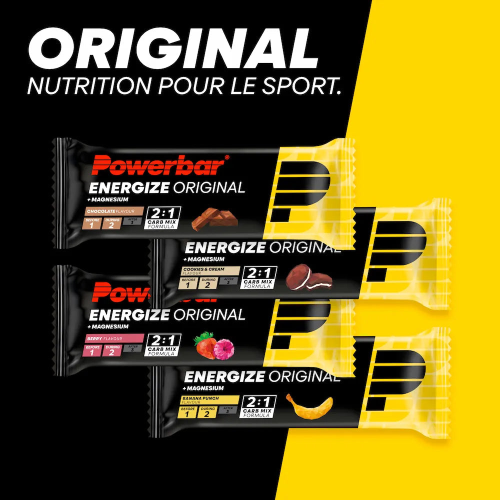 Barres énergétiques Powerbar Energize Original saveurs Chocolat, Cookies & Cream, Fruits des bois et Banane Punch