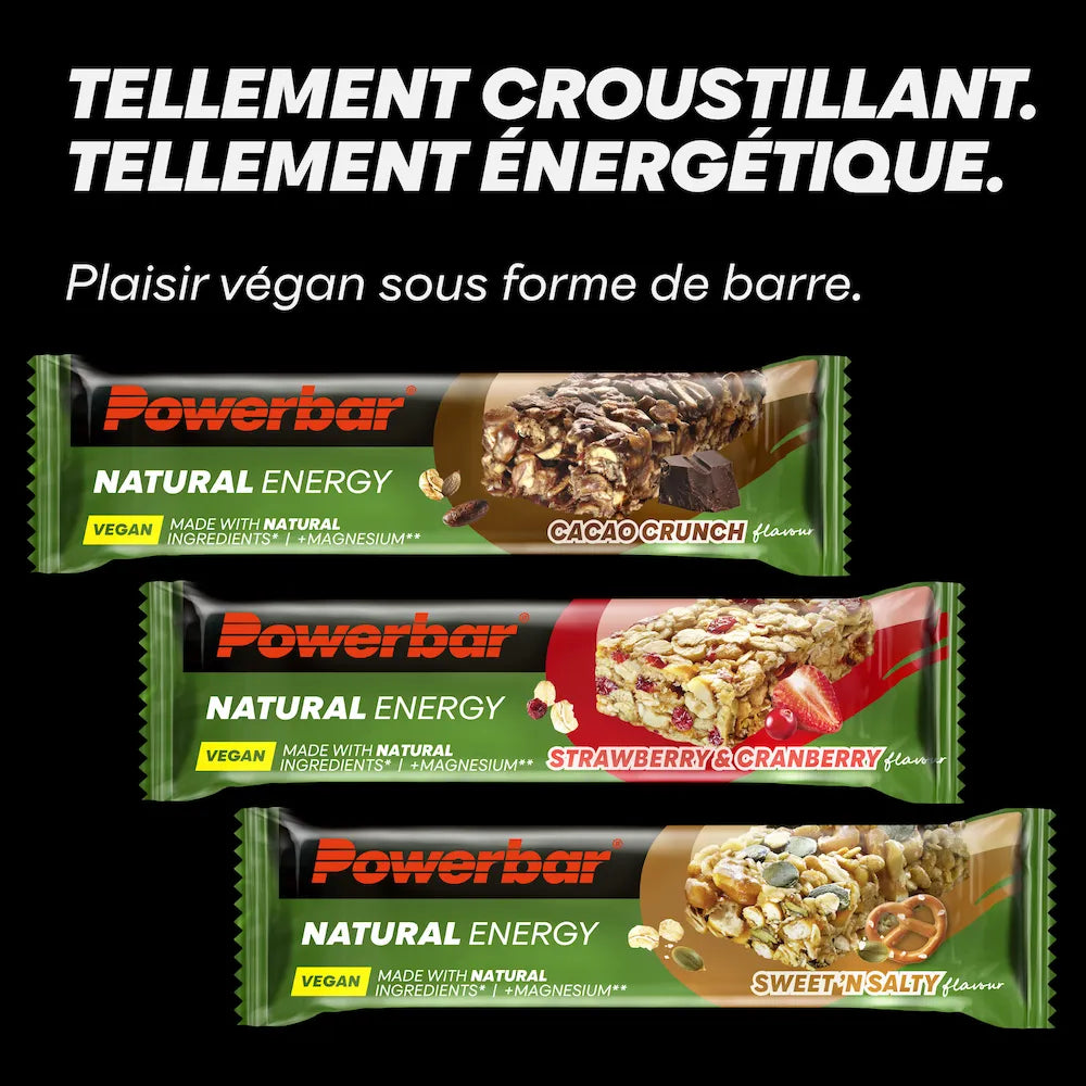 Barres énergétiques vegan Powerbar Natural Energy 40 g Cacao Crunch, Fraise-canneberge et Sucré-salé