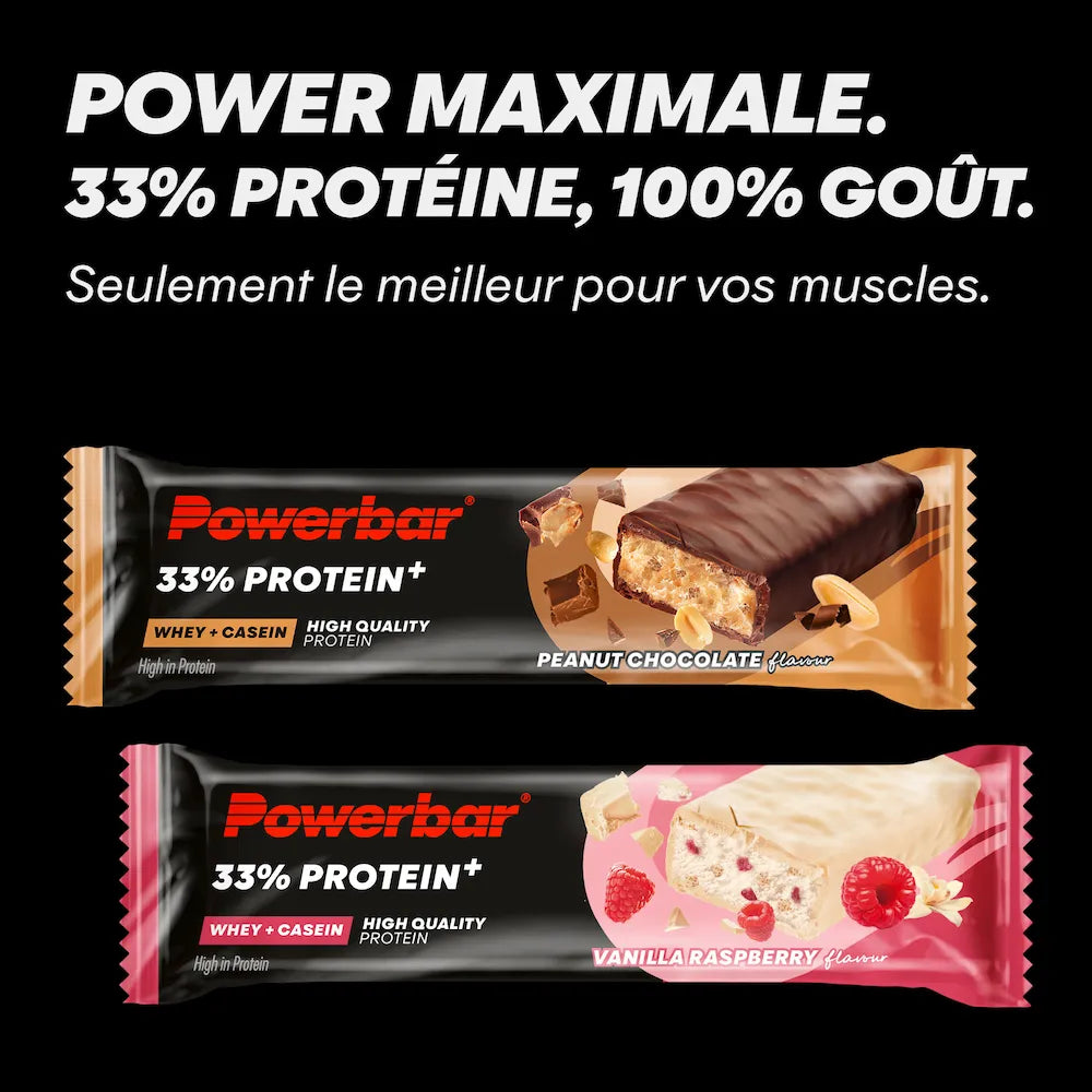 Barres Powerbar 33% Protein+ 90 g saveurs Chocolat-cacahuètes et Vanille-framboise