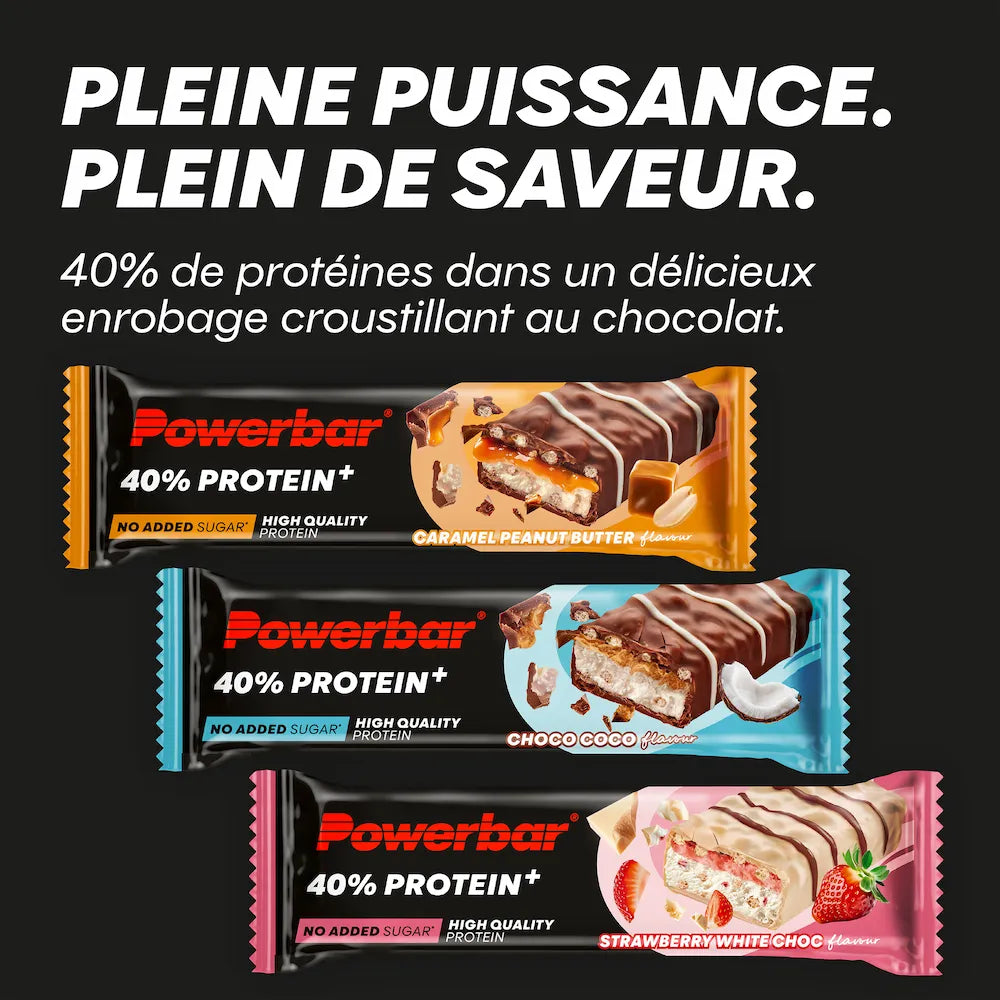 Barres protéinées Powerbar 40% Protein+ Crisp 40 g saveurs Caramel Peanut Butter, Choco Coco et Strawberry White Choc