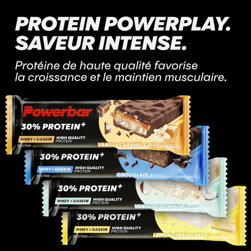 Barres protéinées Powerbar Protein+ 30% 55 g saveurs Caramel-Vanille, Chocolat, Vanille-Coco et Citron-Cheesecake