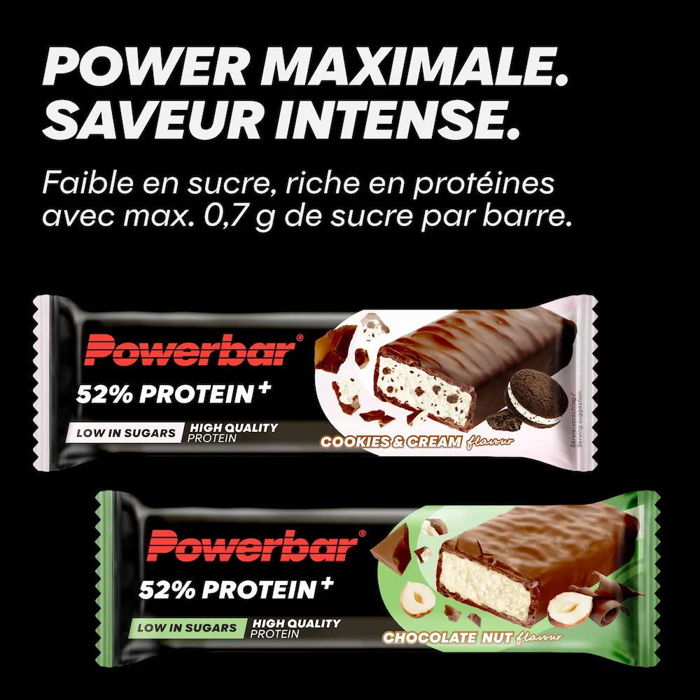 Barres protéinées Powerbar Protein+ 52% 50 g saveurs Cookies & Cream et Chocolat-noisettes
