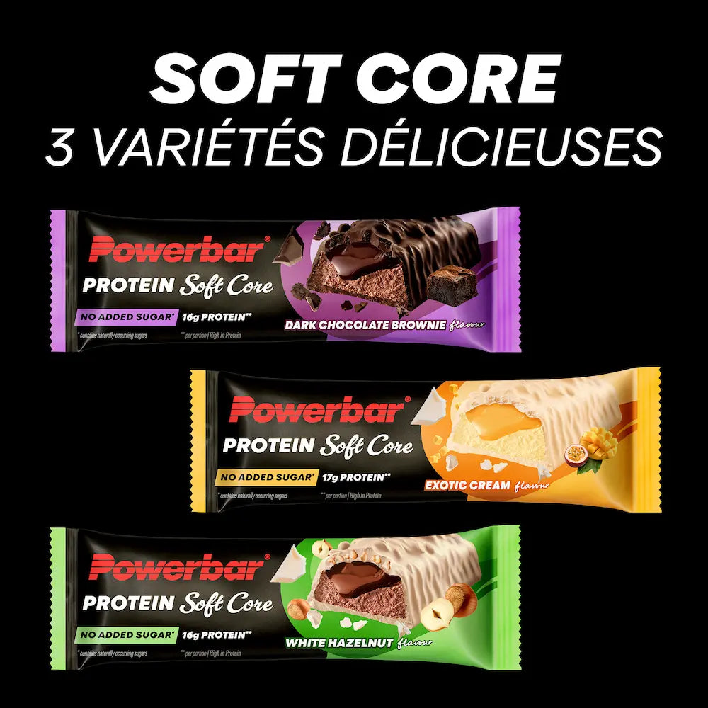 Barres protéinées Powerbar Soft Core dans les trois saveurs Chocolat Noir Brownie, Exotique et Chocolat Blanc Noisettes