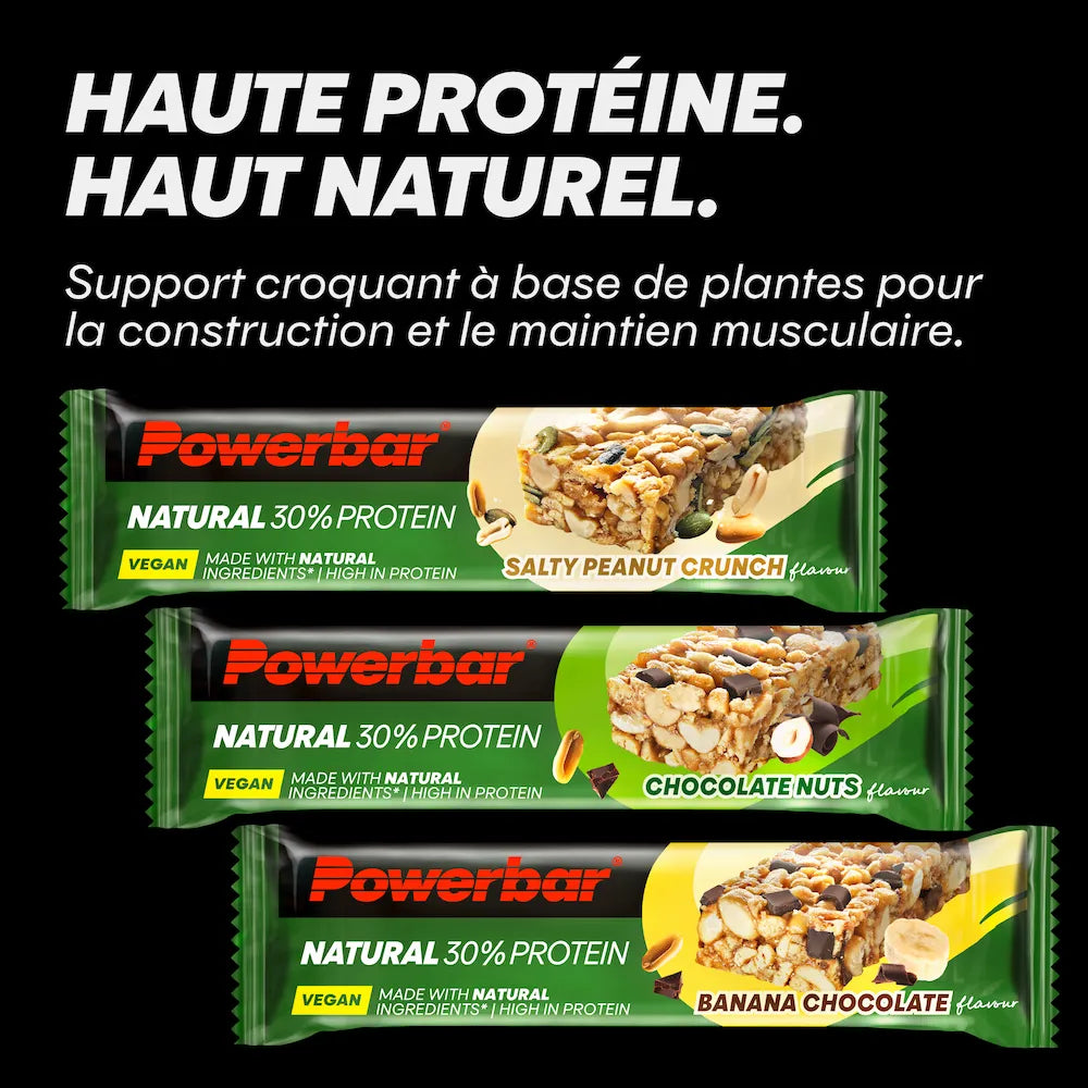 Barres protéinées vegan Powerbar Natural Protein 40 g Cacahuètes salées, Chocolat-noisettes et Banane-chocolat