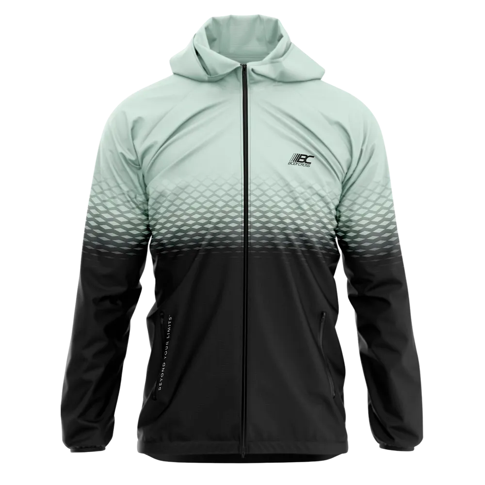 Coupe-vent running trail femme BODYCROSS Abie noir et bleu ciel vue de face avec capuche, zip intégral et motif graphique dégradé