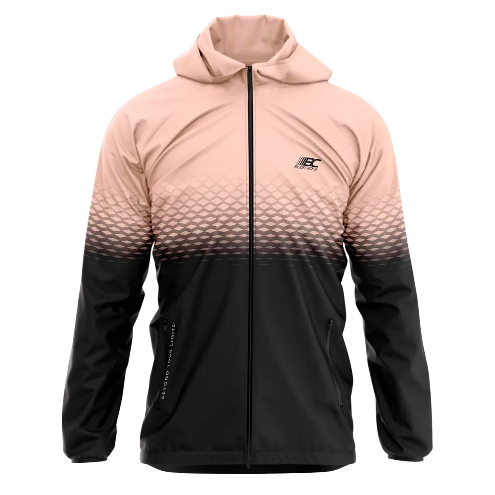 Coupe-vent running trail femme BODYCROSS Abie noir et rose vue de face avec capuche, zip intégral et motif graphique dégradé