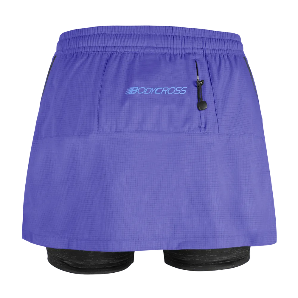 Short-jupe running trail femme BODYCROSS Angy mauve vue arrière avec poche zippée