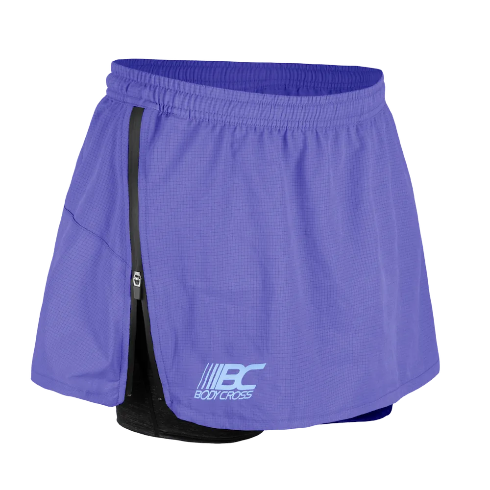 Short-jupe running trail femme BODYCROSS Angy mauve vue avant avec zip latéral