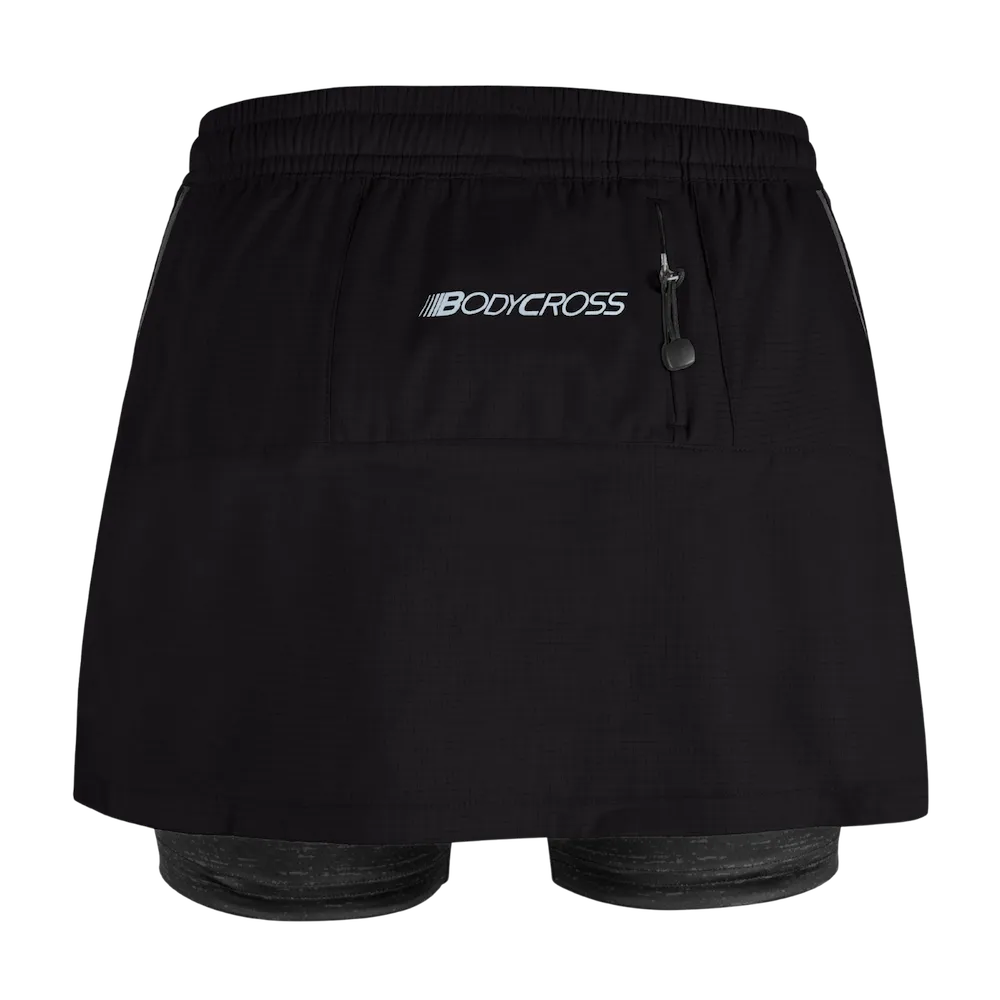 Short-jupe running trail femme BODYCROSS Angy noir vue arrière avec poche zippée