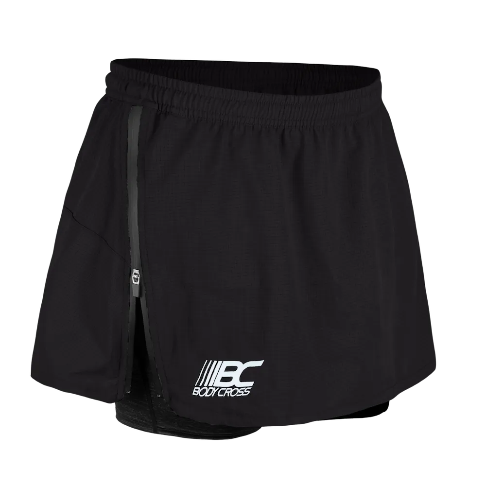 Short-jupe running trail femme BODYCROSS Angy noir vue avant avec zip latéral