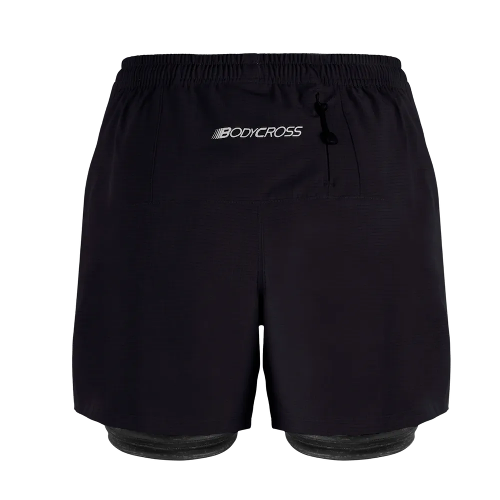 Short-cuissard 3-en-1 running trail homme BODYCROSS Ben noir vue de dos avec poche zippée