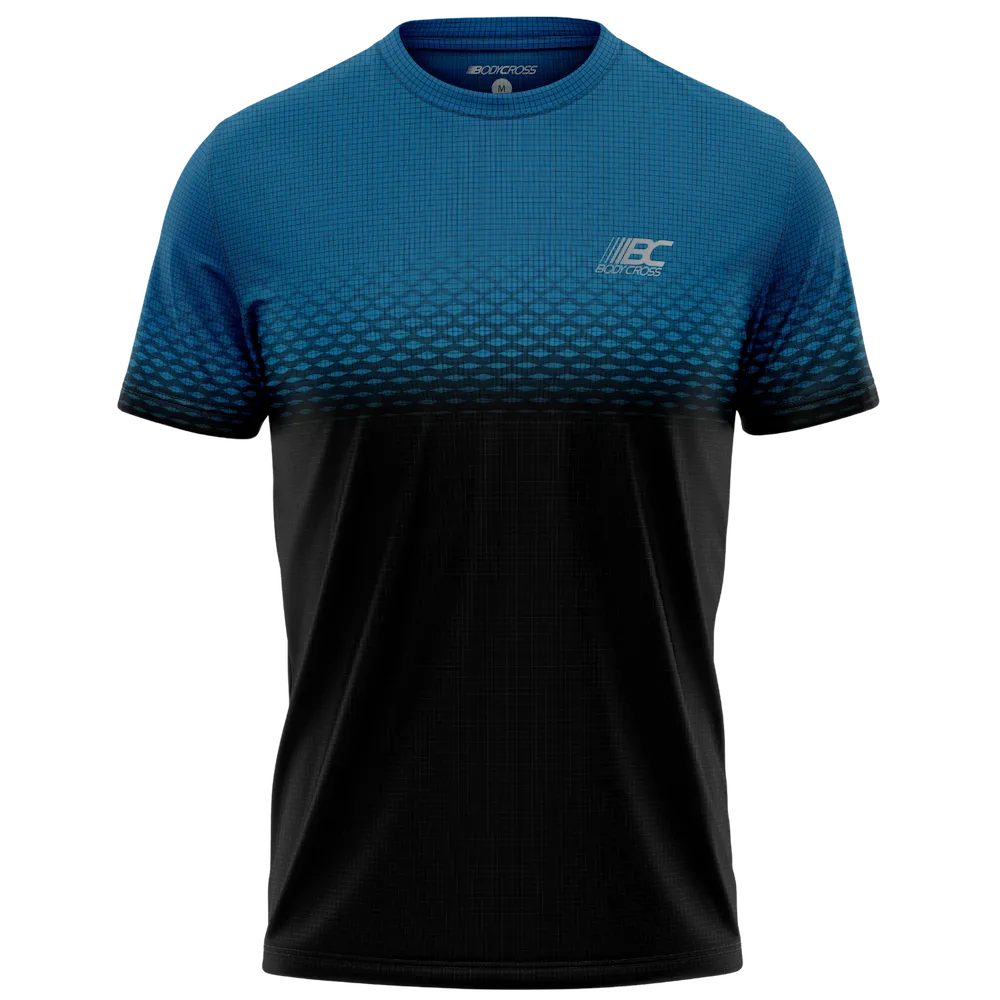 Tee-shirt running homme BODYCROSS Djoe bleu et noir vue de face avec motif graphique dégradé et logo poitrine
