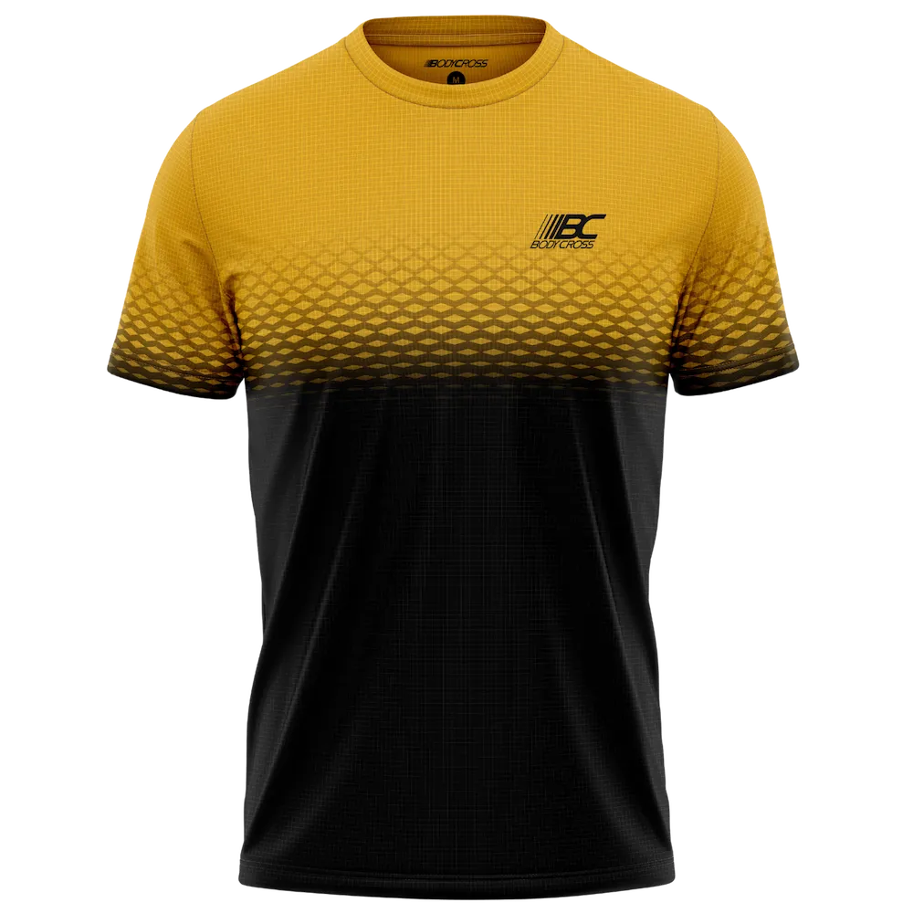 Tee-shirt running homme BODYCROSS Djoe jaune et noir vue de face avec motif graphique dégradé et logo poitrine