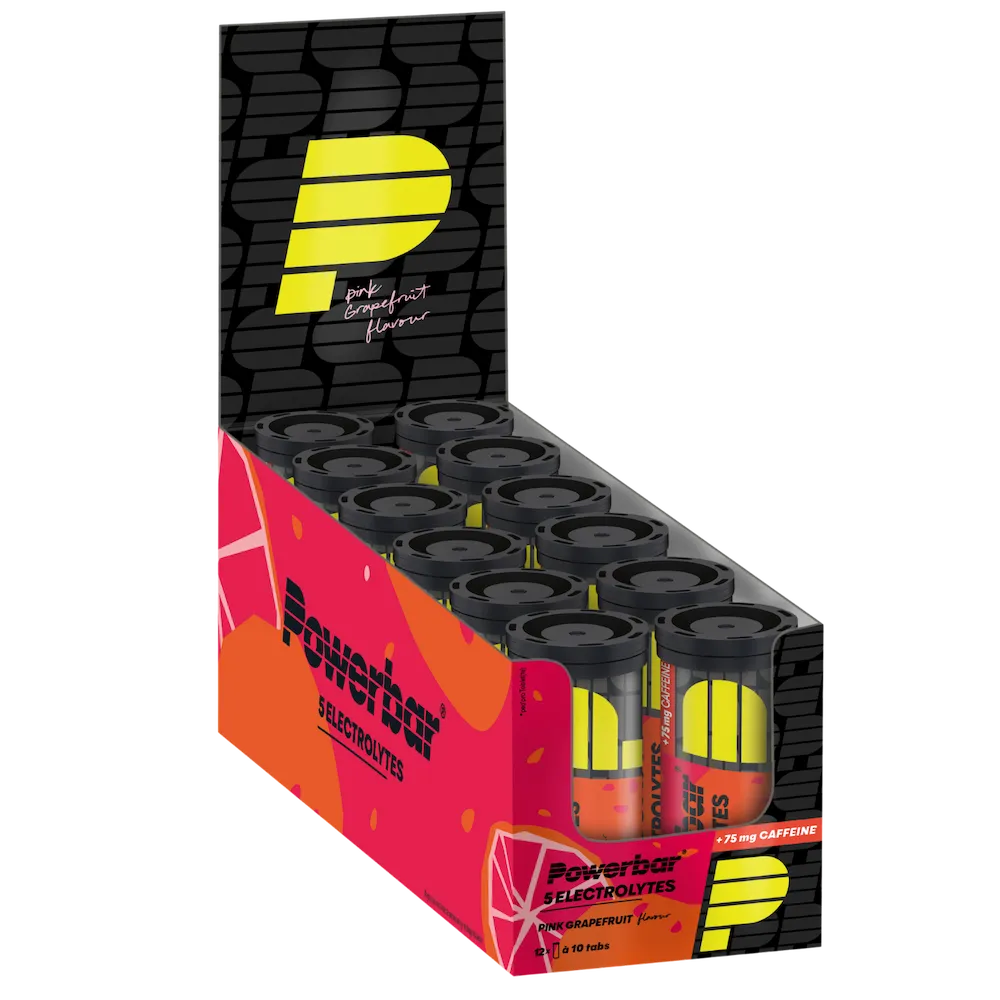 Boîte présentoir de 12 tubes Powerbar 5 Electrolytes Pamplemousse Rose avec caféine