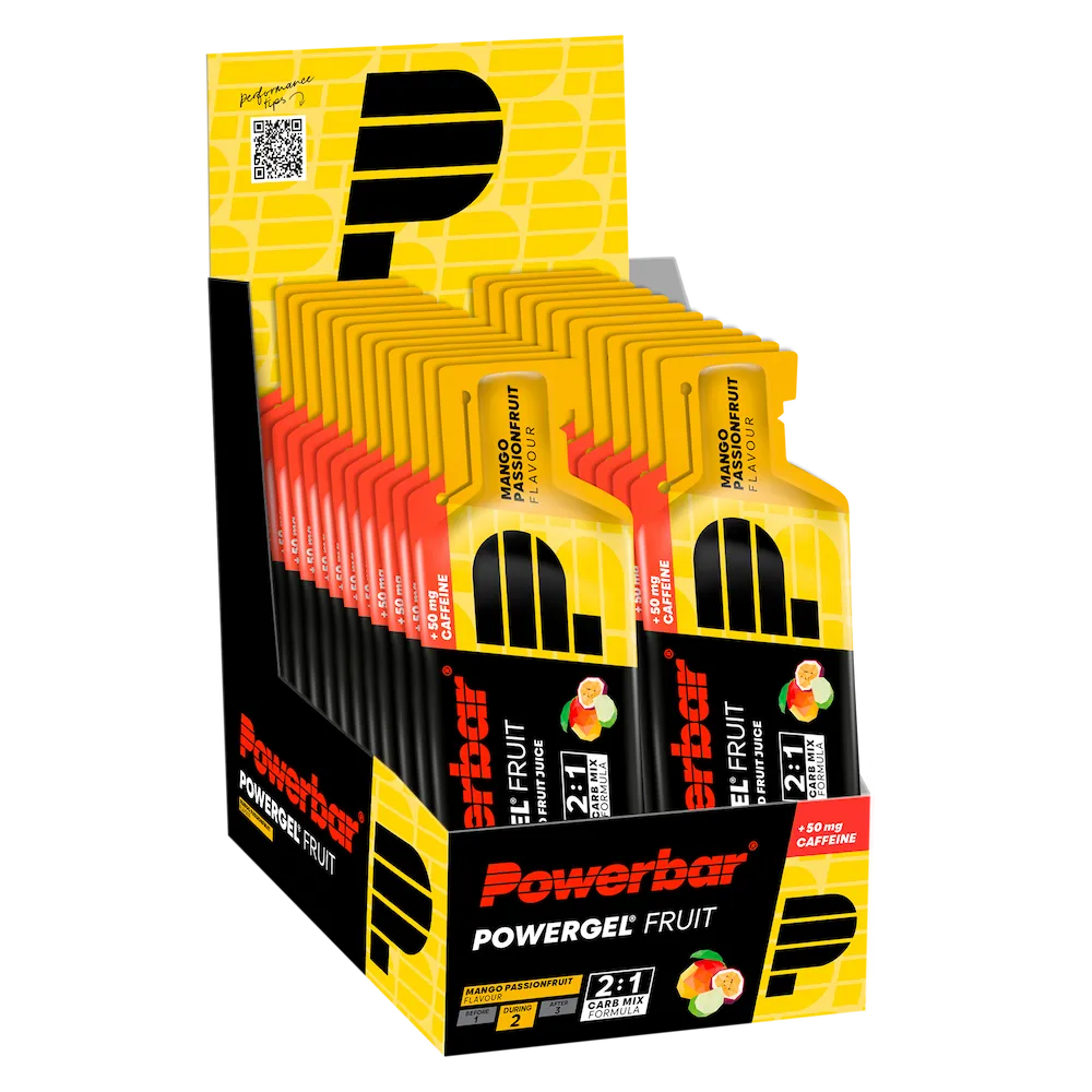 Boîte présentoir de 24 gels énergétiques Powerbar PowerGel Fruit 41 g Mangue-Passion avec 50 mg de caféine