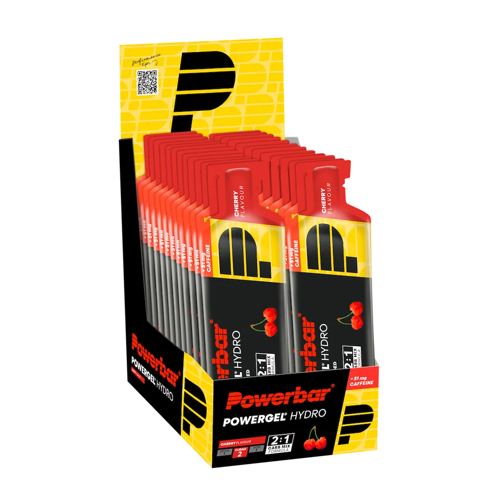 Boîte présentoir de 24 gels énergétiques liquides Powerbar PowerGel Hydro 67 ml Cerise avec 51 mg de caféine