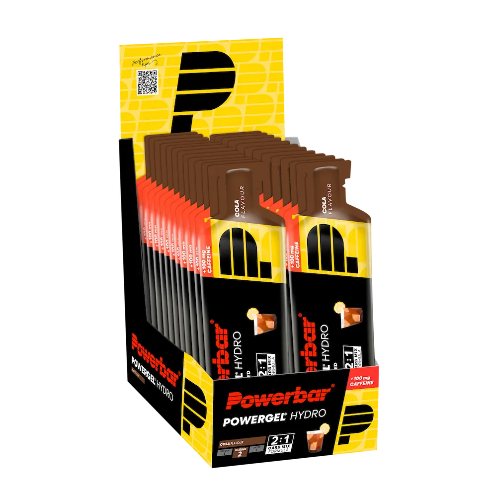 Boîte présentoir de 24 gels énergétiques liquides Powerbar PowerGel Hydro 67 ml Cola avec 100 mg de caféine