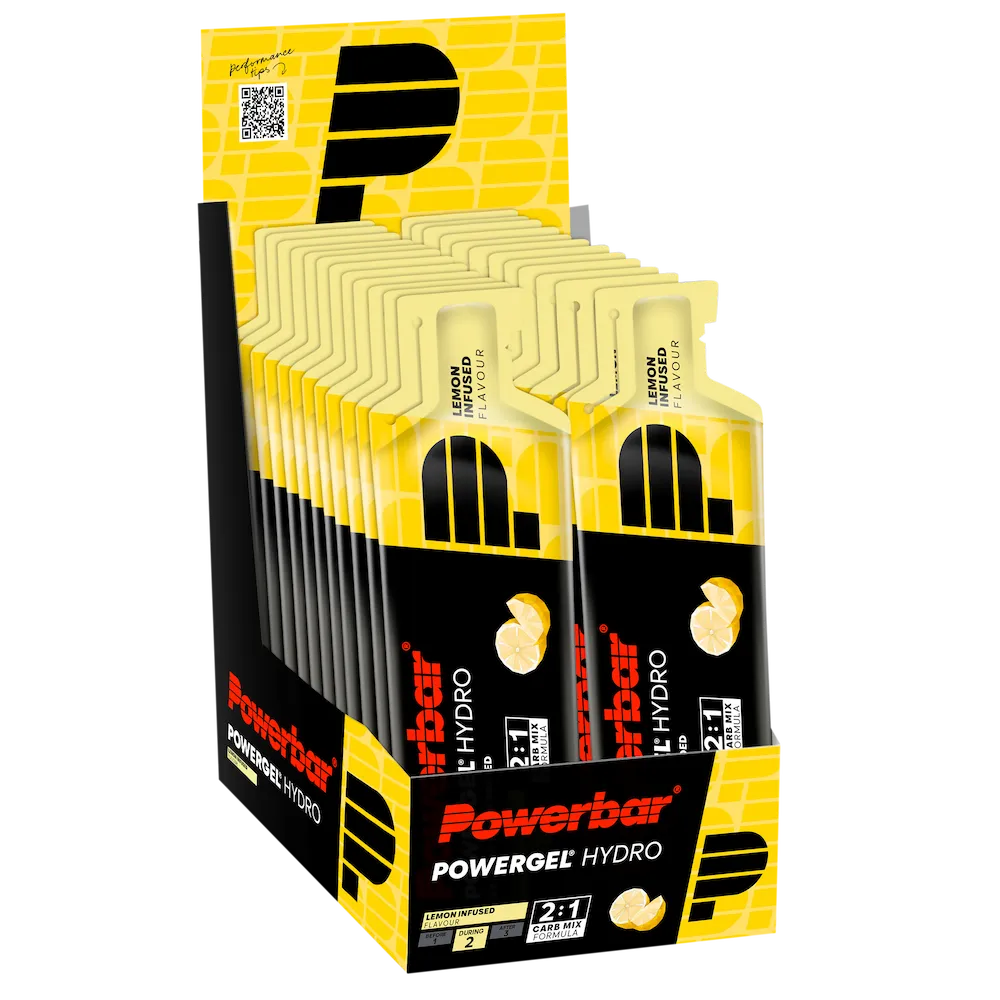 Boîte présentoir de 24 gels énergétiques liquides Powerbar PowerGel Hydro 67 ml saveur Lemon Infused