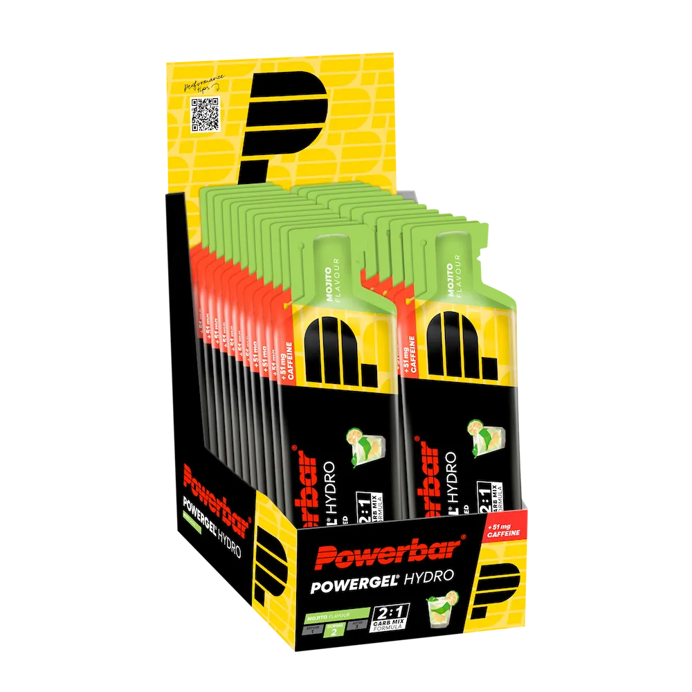 Boîte présentoir de 24 gels énergétiques liquides Powerbar PowerGel Hydro 67 ml Mojito avec 51 mg de caféine