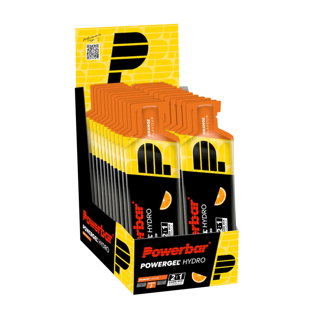 Boîte présentoir de 24 gels énergétiques liquides Powerbar PowerGel Hydro 67 ml saveur Orange