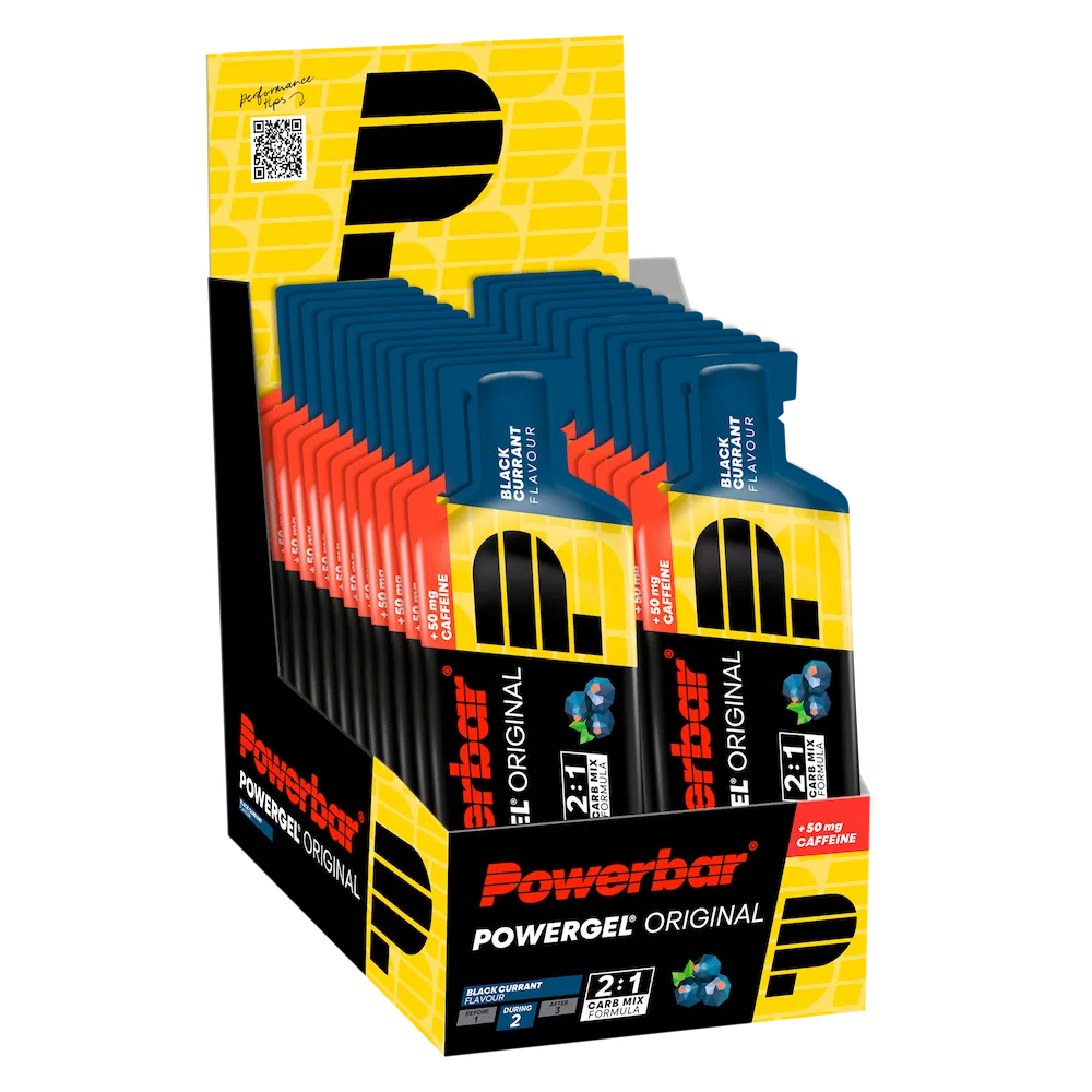 Boîte présentoir de 24 gels énergétiques Powerbar PowerGel Original 41 g Cassis avec 50 mg de caféine