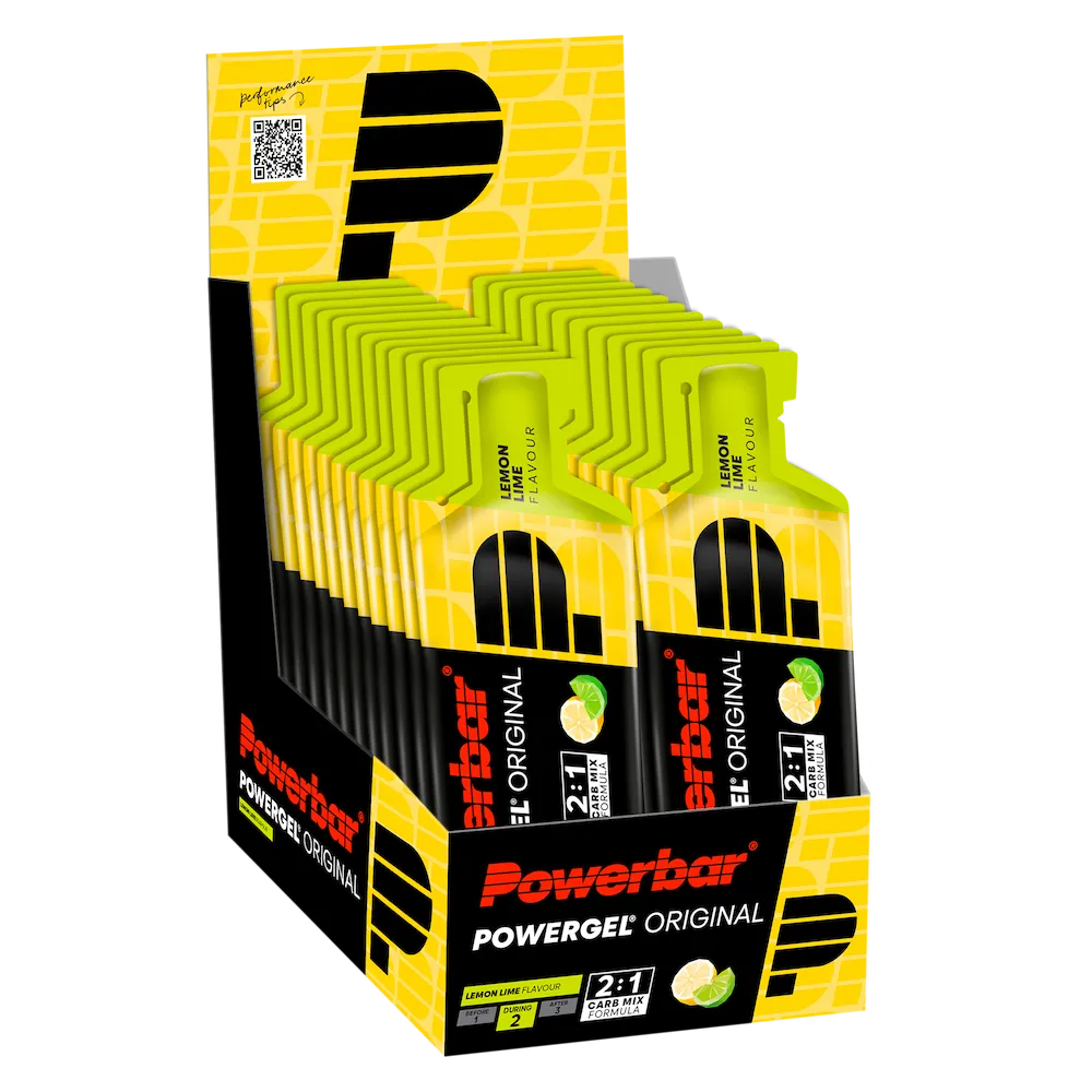Boîte présentoir de 24 gels énergétiques Powerbar PowerGel Original 41 g saveur Citron-Citron vert