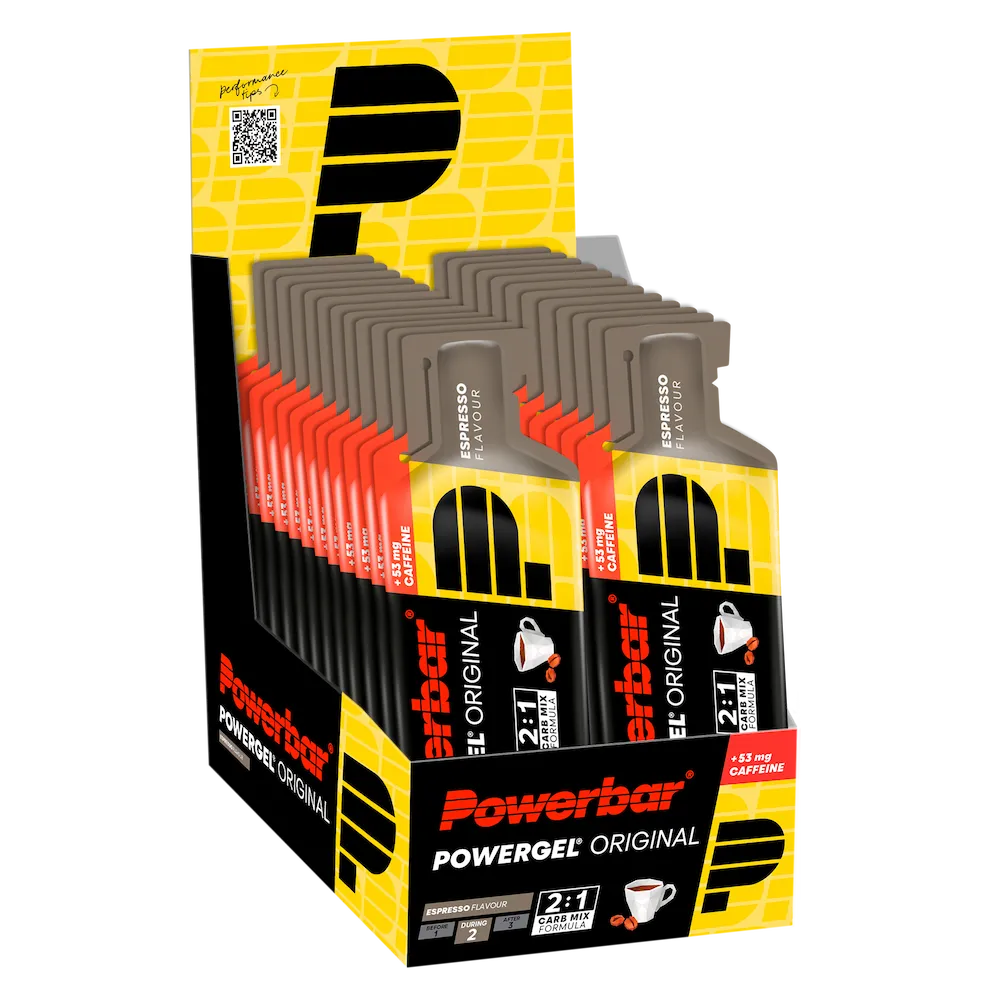 Boîte présentoir de 24 gels énergétiques Powerbar PowerGel Original 41 g Espresso avec 53 mg de caféine