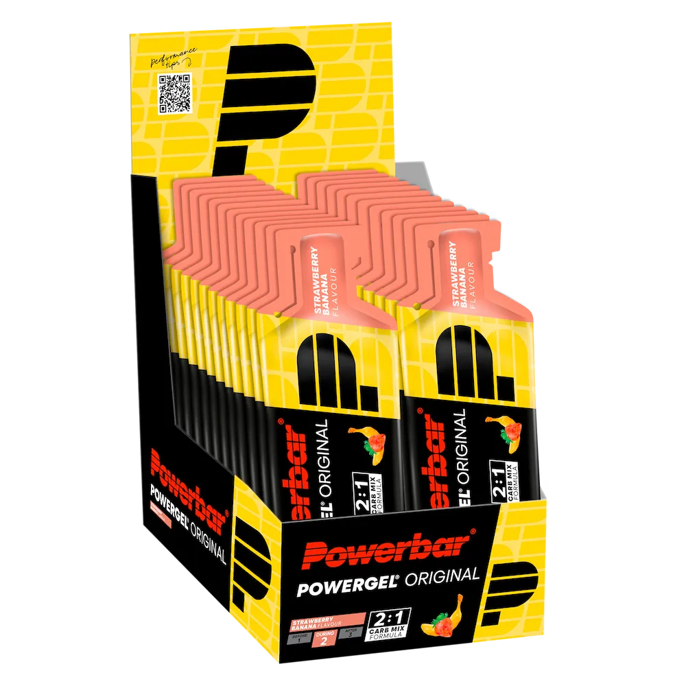 Boîte présentoir de 24 gels énergétiques Powerbar PowerGel Original 41 g saveur Fraise-Banane