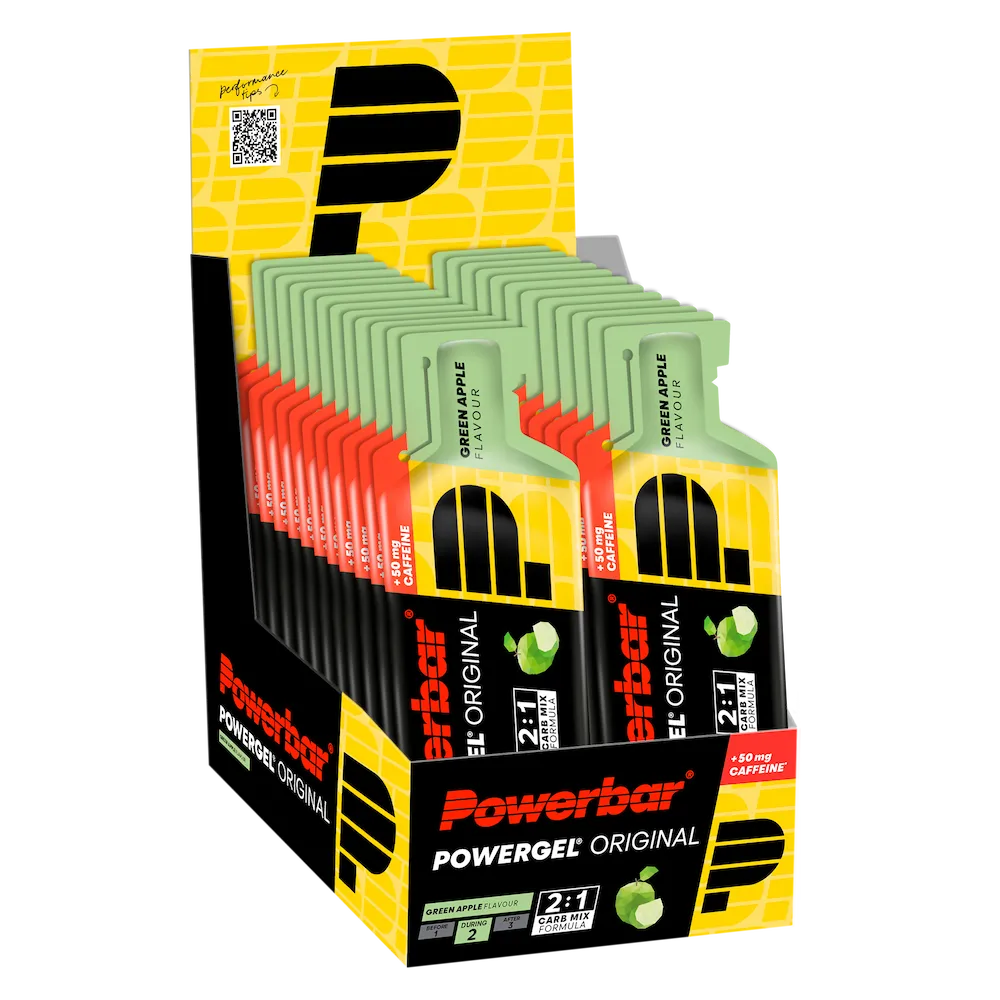 Boîte présentoir de 24 gels énergétiques Powerbar PowerGel Original 41 g Pomme verte avec 50 mg de caféine
