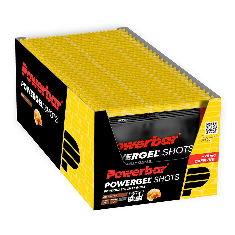 Boîte présentoir de 24 sachets Powerbar PowerGel Shots 60 g saveur Cola avec 75 mg de caféine