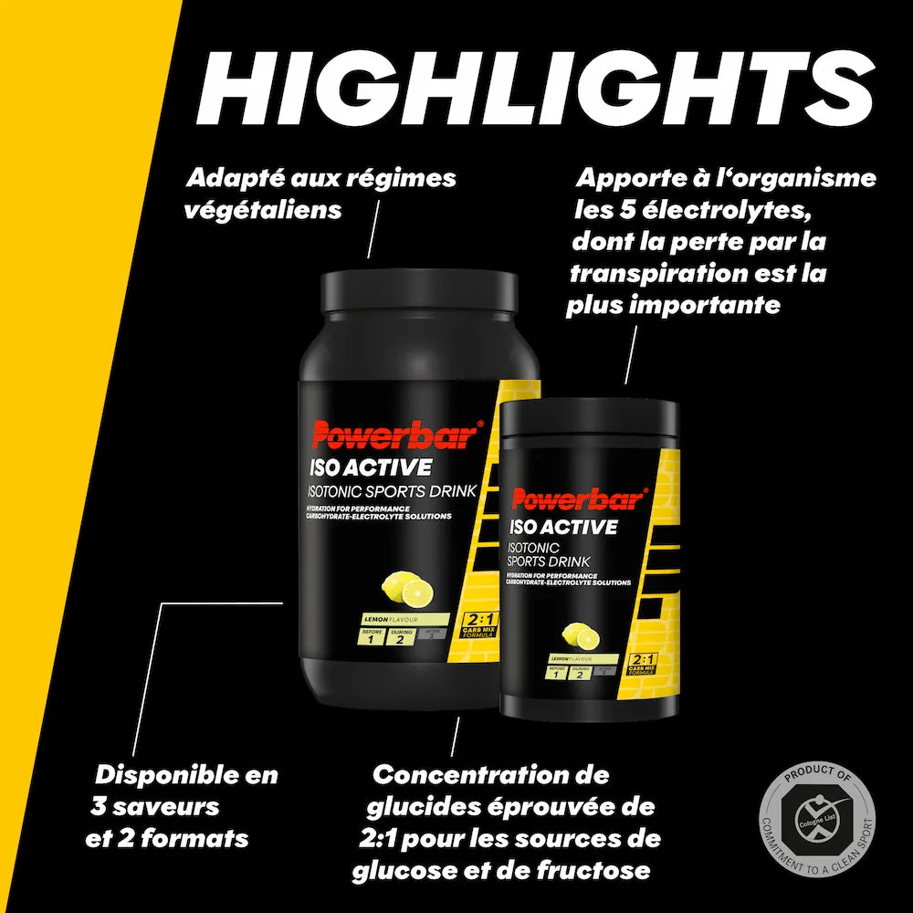 Caractéristiques de Powerbar Isoactive citron avec 5 électrolytes et ratio de glucides 2:1