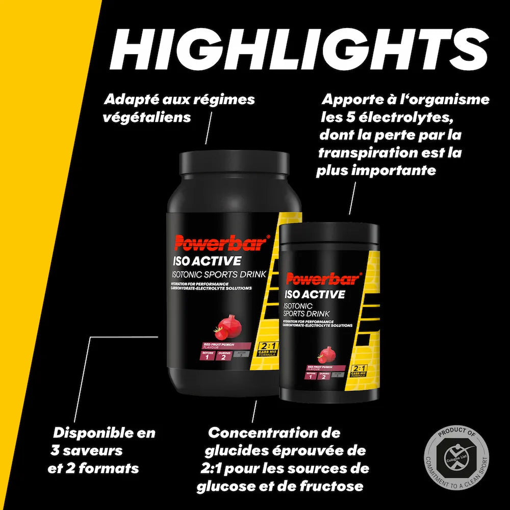 Caractéristiques de Powerbar Isoactive fruits rouges avec 5 électrolytes et ratio de glucides 2:1