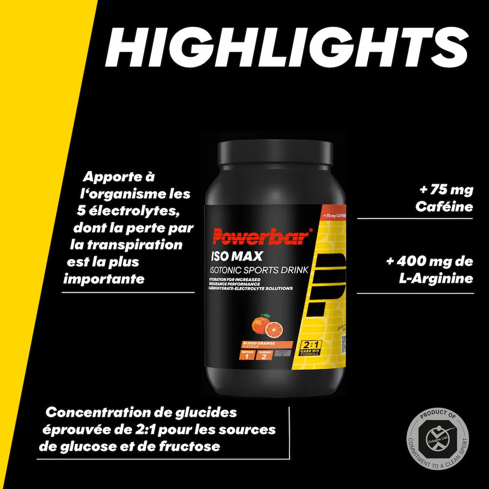 Caractéristiques Powerbar IsoMax avec 5 électrolytes, caféine, L-arginine et glucides 2:1