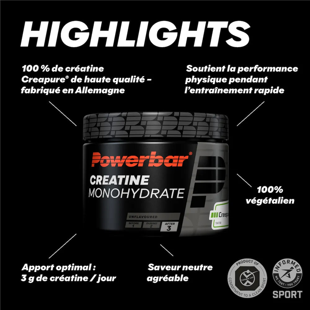Caractéristiques de la créatine monohydrate Powerbar avec Creapure et 3 g de créatine par jour