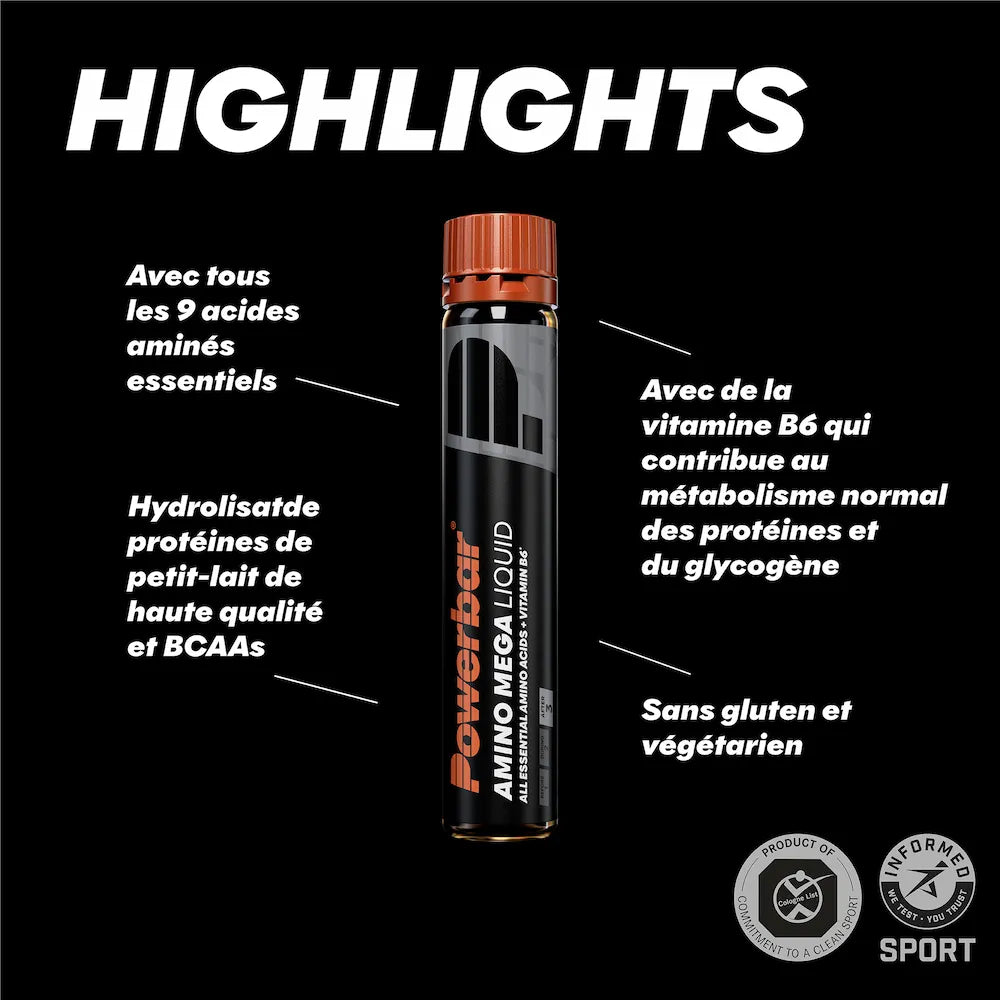 Caractéristiques Powerbar Amino Mega Liquid avec 9 acides aminés essentiels, BCAA et vitamine B6