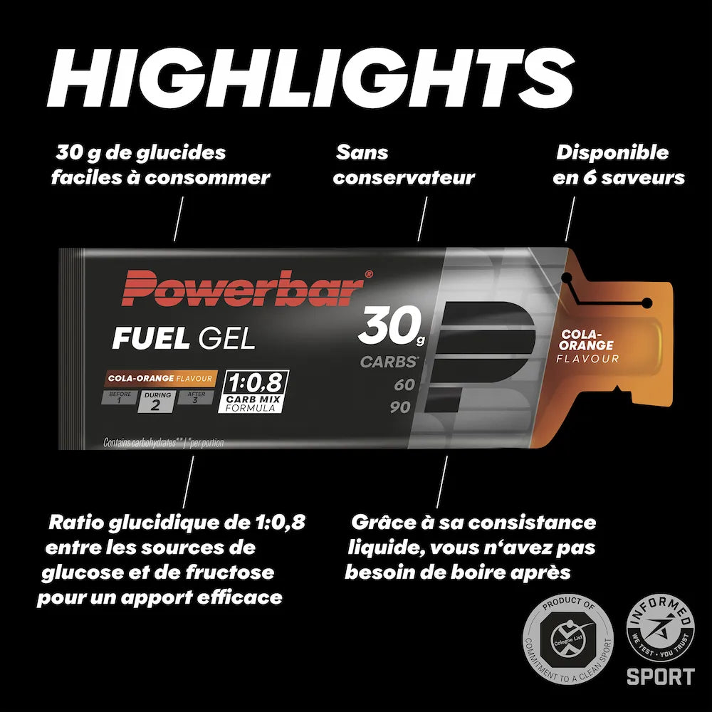 Caractéristiques du POWERBAR Fuel Gel 30 Cola-Orange avec 30 g de glucides et ratio glucose fructose 1:0,8