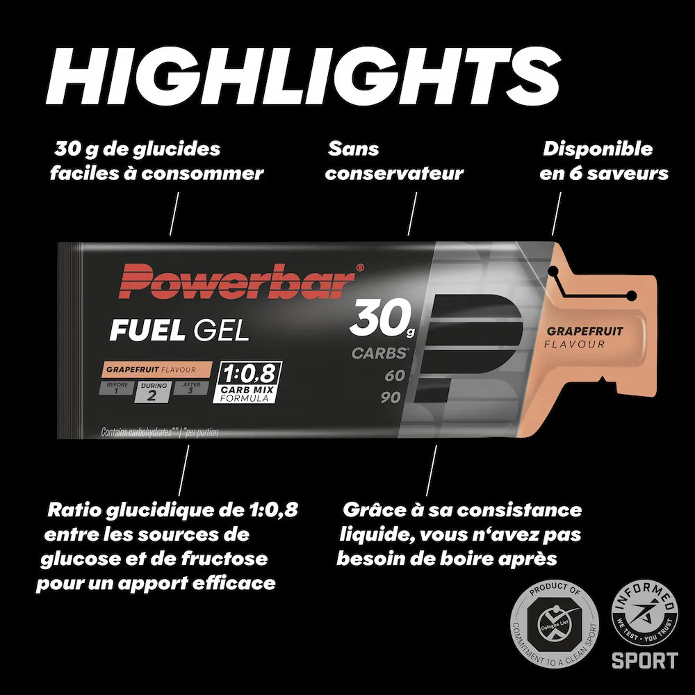 Caractéristiques du POWERBAR Fuel Gel 30 pamplemousse avec 30 g de glucides et ratio glucose fructose 1:0,8