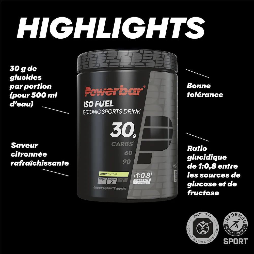 Caractéristiques Powerbar Iso Fuel 30 citron avec 30 g de glucides par portion et ratio 1:0,8