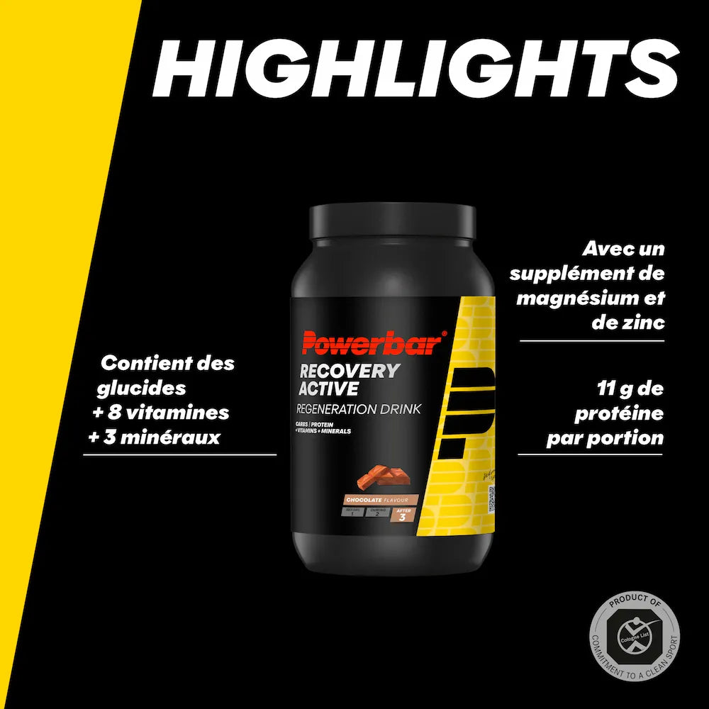 Caractéristiques Powerbar Recovery Active chocolat avec glucides, 8 vitamines, 3 minéraux et protéines