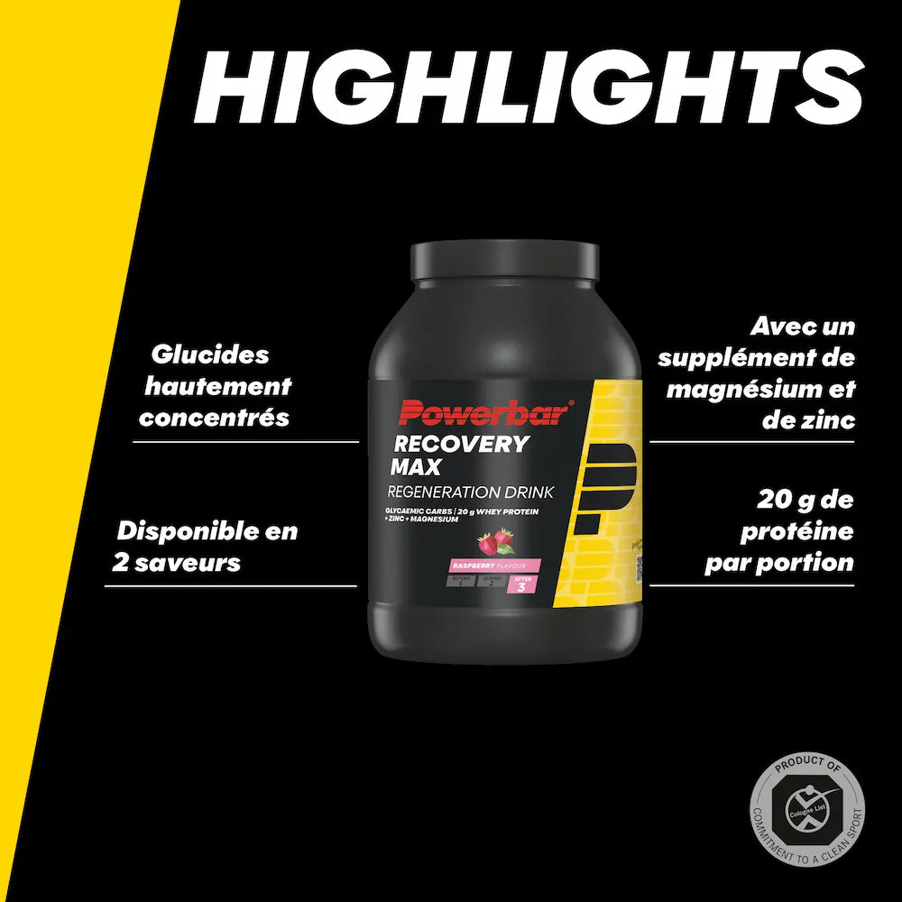 Caractéristiques Powerbar Recovery Max framboise avec glucides, protéines, magnésium et zinc