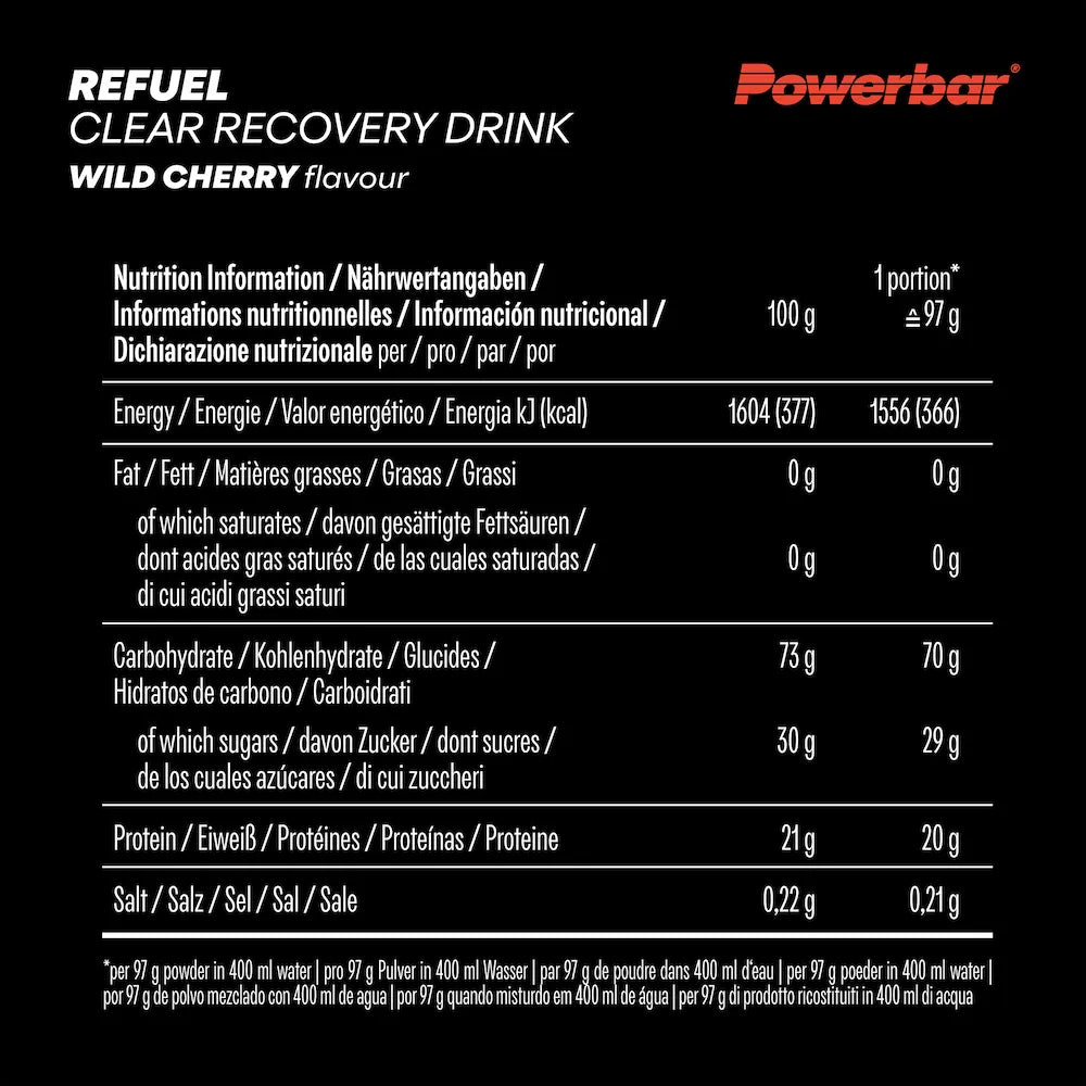Powerbar Refuel Clear Recovery cerise avec 70 g de glucides et 20 g de protéines par portion