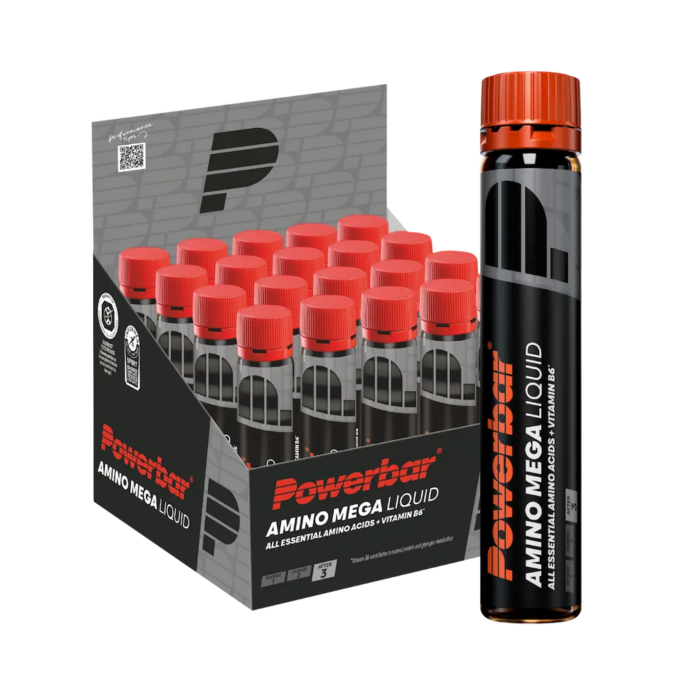 Complément d'acides aminés Powerbar Amino Mega Liquid en boîte de 20 ampoules de 25 ml