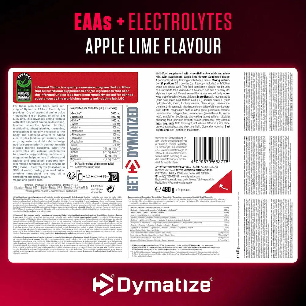 Informations nutritionnelles et ingrédients Dymatize EAAs + Electrolytes Apple Lime 480 g