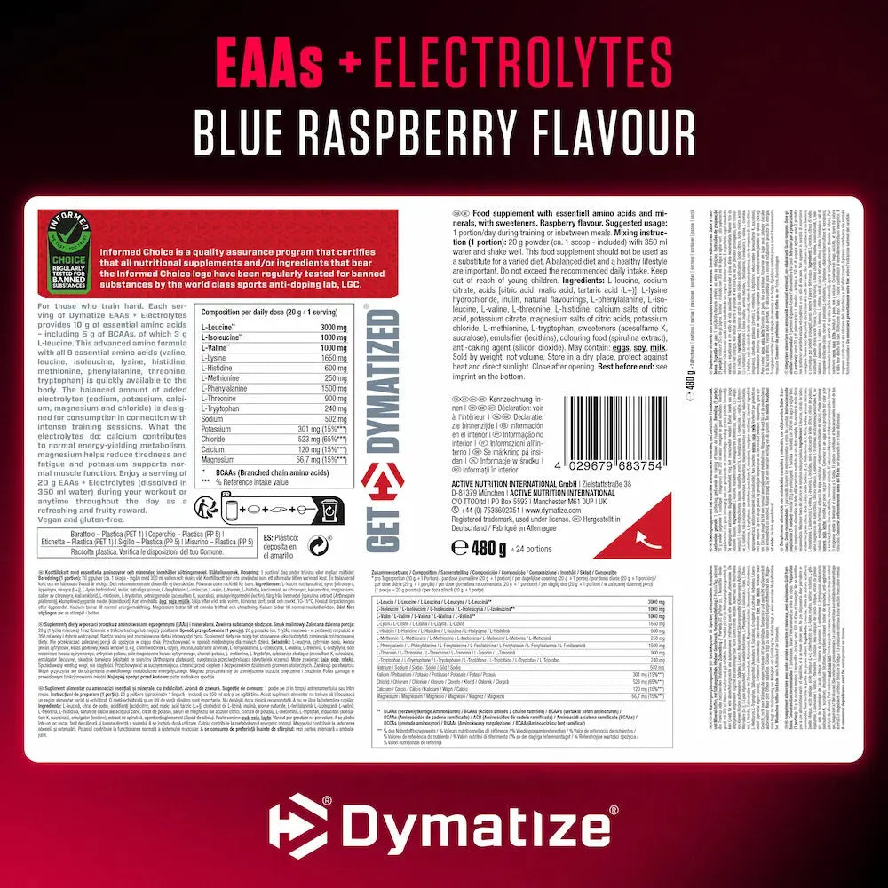 Informations nutritionnelles et ingrédients Dymatize EAAs + Electrolytes Blue Raspberry 480 g