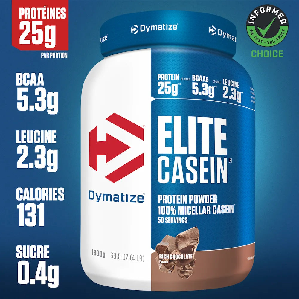 Dymatize Elite Casein Rich Chocolate avec 25 g de protéines, 5,3 g de BCAA et 2,3 g de leucine par portion