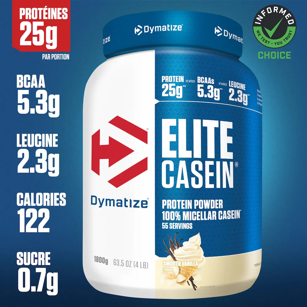 Dymatize Elite Casein Smooth Vanilla avec 25 g de protéines, 5,3 g de BCAA et 2,3 g de leucine par portion