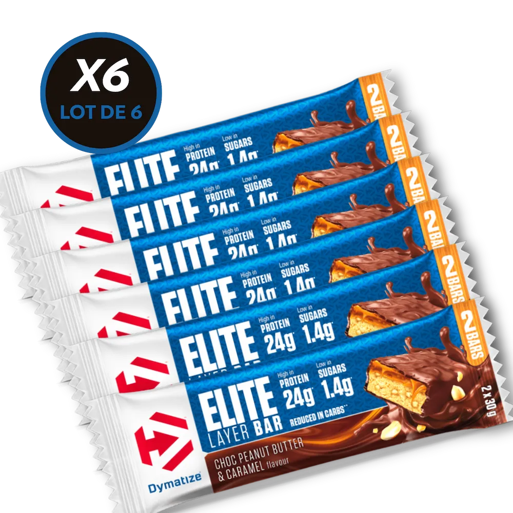Pack de 6 barres protéinées Dymatize Elite Layer Chocolat blanc Vanille & Caramel 60 g