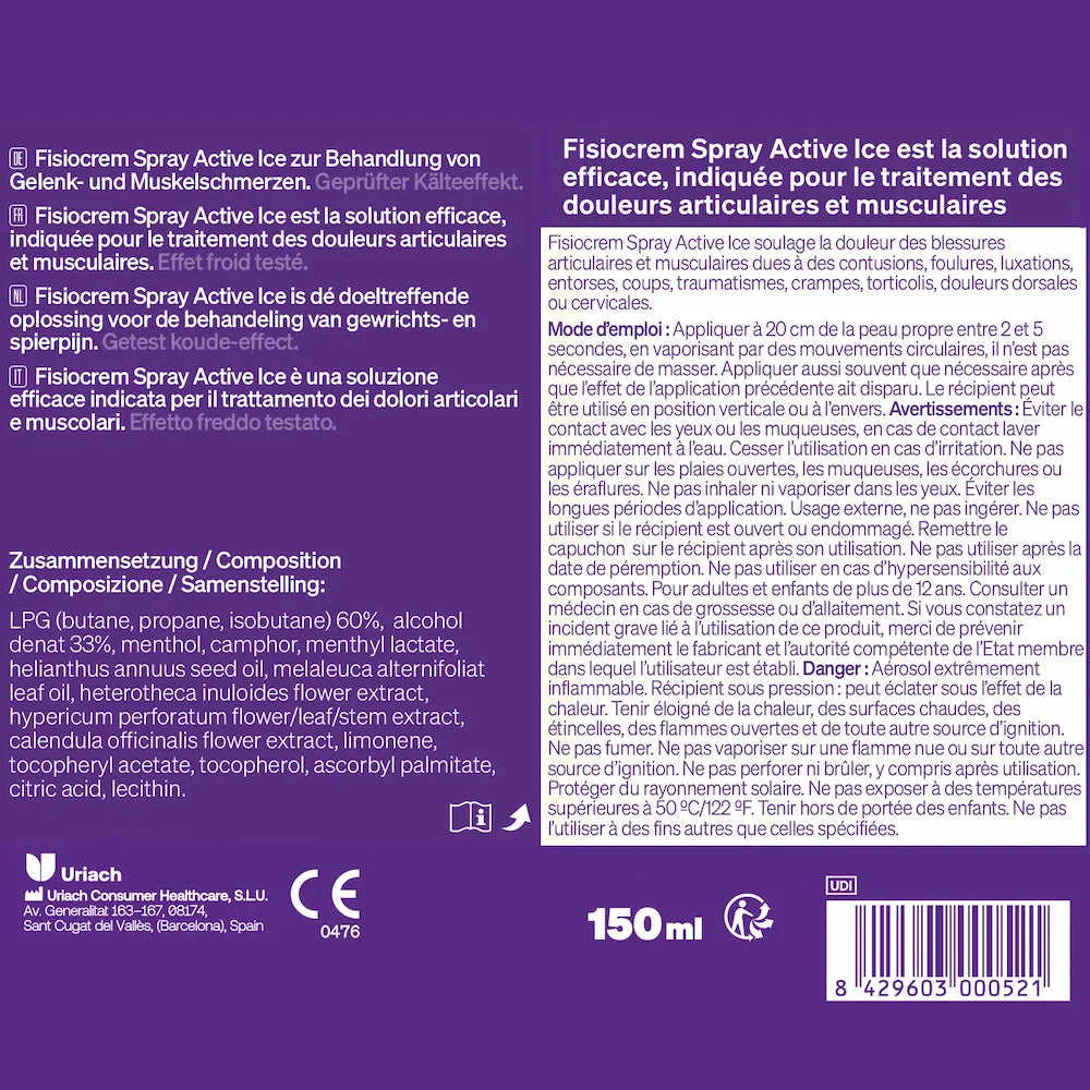 Étiquette Fisiocrem Spray Active Ice 150 ml avec composition, mode d'emploi et précautions