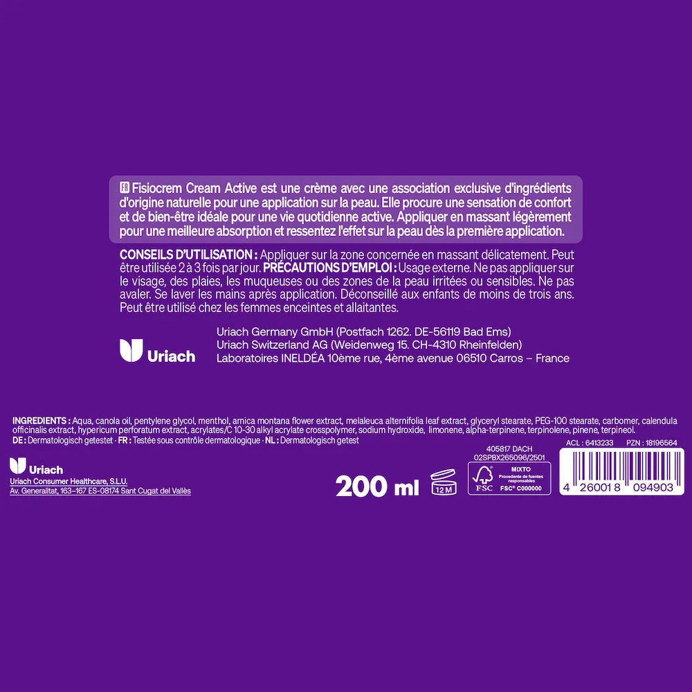 Étiquette Fisiocrem Active 200 ml avec conseils d'utilisation, précautions et ingrédients
